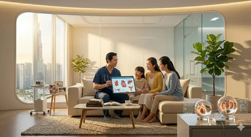 Bác sĩ nam tư vấn sức khỏe cho gia đình (hai phụ nữ, một bé gái) trong phòng khám hiện đại, sử dụng máy tính bảng hiển thị hình ảnh nội tạng và mô hình 3D công nghệ cao.