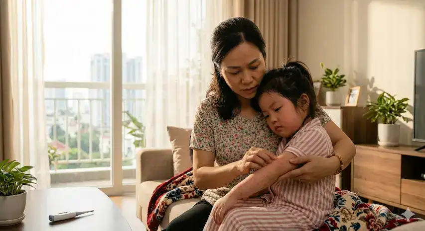 Người phụ nữ ân cần kiểm tra phát ban trên tay bé gái đang ốm, nhiệt kế đặt trên bàn gần đó.