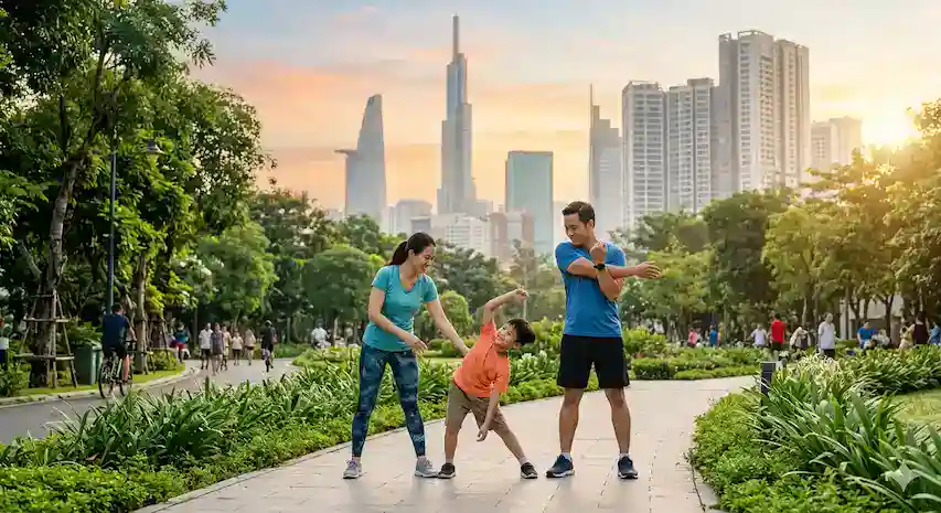 Gia đình ba người tập thể dục khởi động trong công viên thành phố với các tòa nhà cao tầng phía sau.