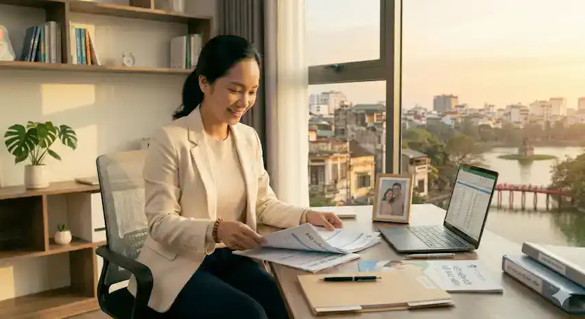 Người phụ nữ mỉm cười làm việc với tài liệu bảo hiểm trên bàn làm việc có laptop, phía sau là khung cảnh Hồ Gươm, cầu Thê Húc và Tháp Rùa tại Hà Nội vào lúc hoàng hôn.