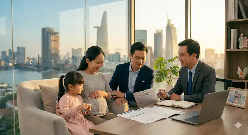 Gia đình trẻ có mẹ bầu và con gái đang thảo luận hợp đồng bảo hiểm với chuyên viên tài chính, bối cảnh thành phố.